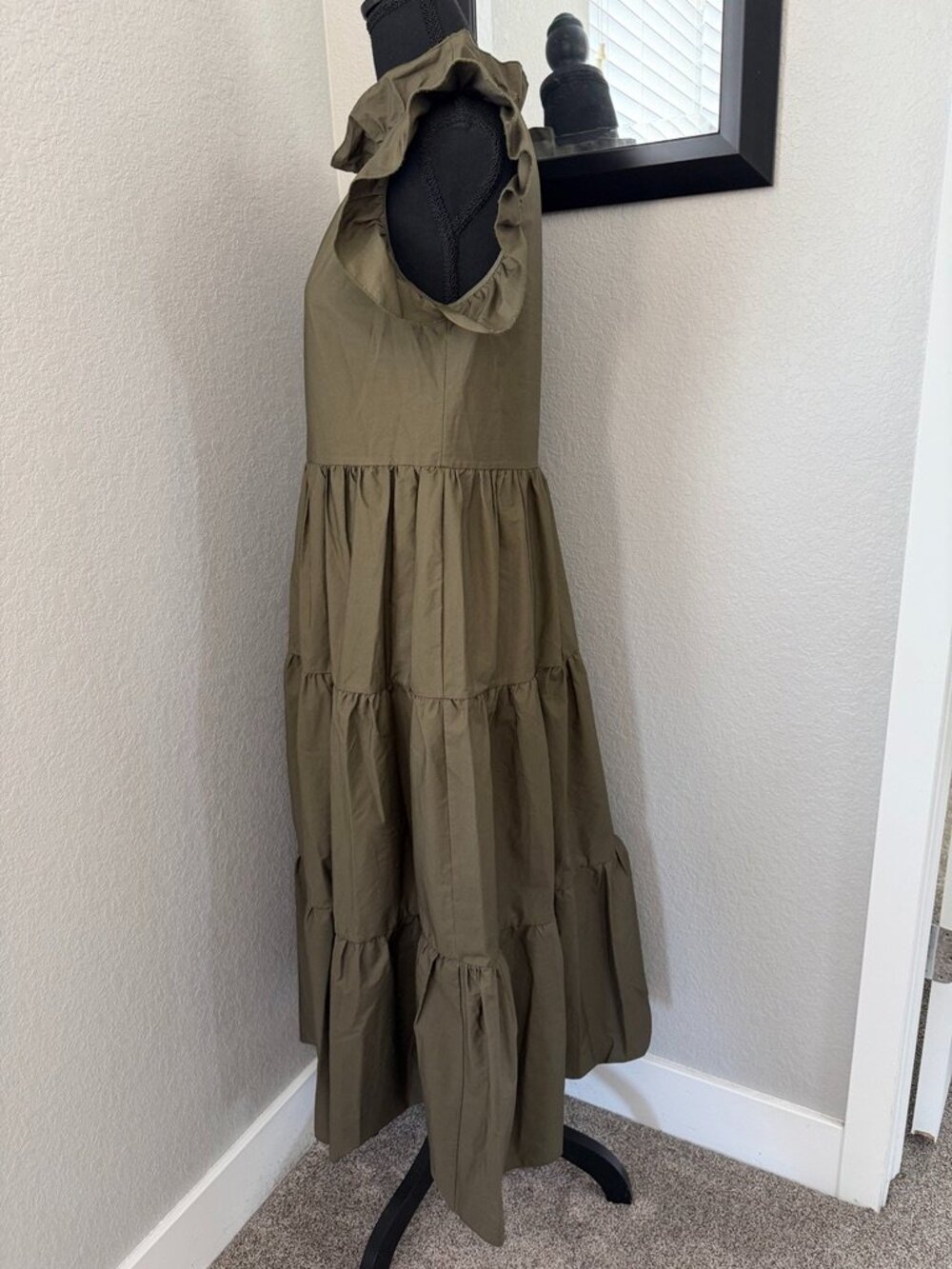 CHEPE Ansaldo Italy Cotton Tiered Ruffle Maxi Dress Olive Green XS - Picture 3 of 10